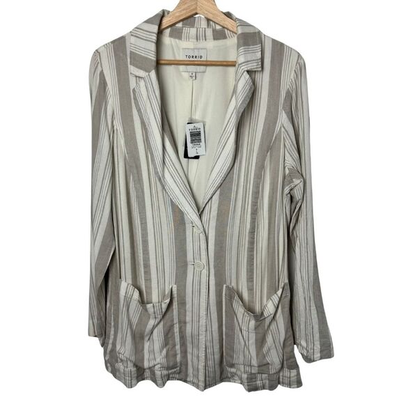 NWT Torrid Linen Striped Blazer White + Beige Coastal Light Size 0 12 Large - Picture 3 of 15